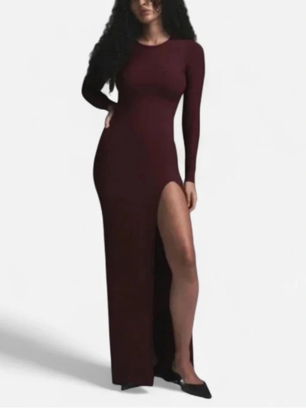 SKIMS RIBBED LONG SLEEVE SOFT LOUNGE MAXI DRESS IN BORDEAUX